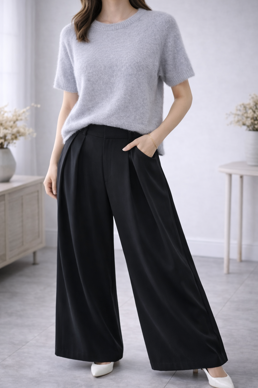 Elegantes Outfit weite schwarze Hose mit Wollpullover aus Alpaka (27%)